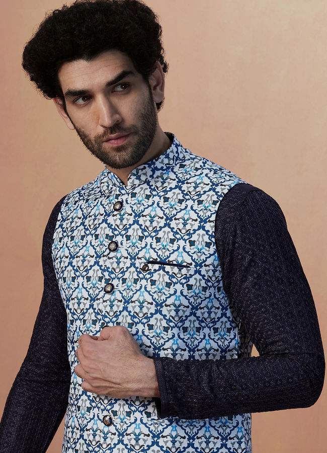 alt message - Manyavar Men Blue Printed Jacket image number 0